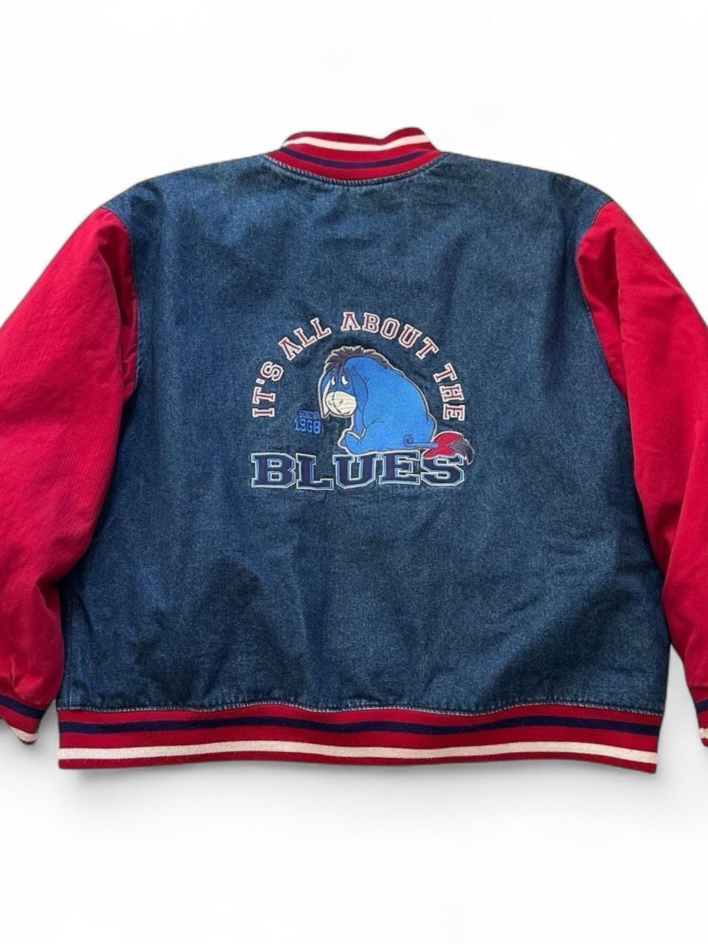 Vintage 90s Disney Pooh Eeyore Denim Varsity Jacket - Blues Graphic L
